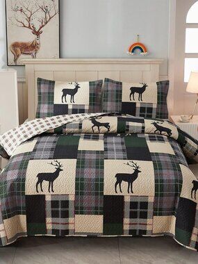 King Size Plaid Elk Quilt Bedspread Set  - Green and Cream NWOT